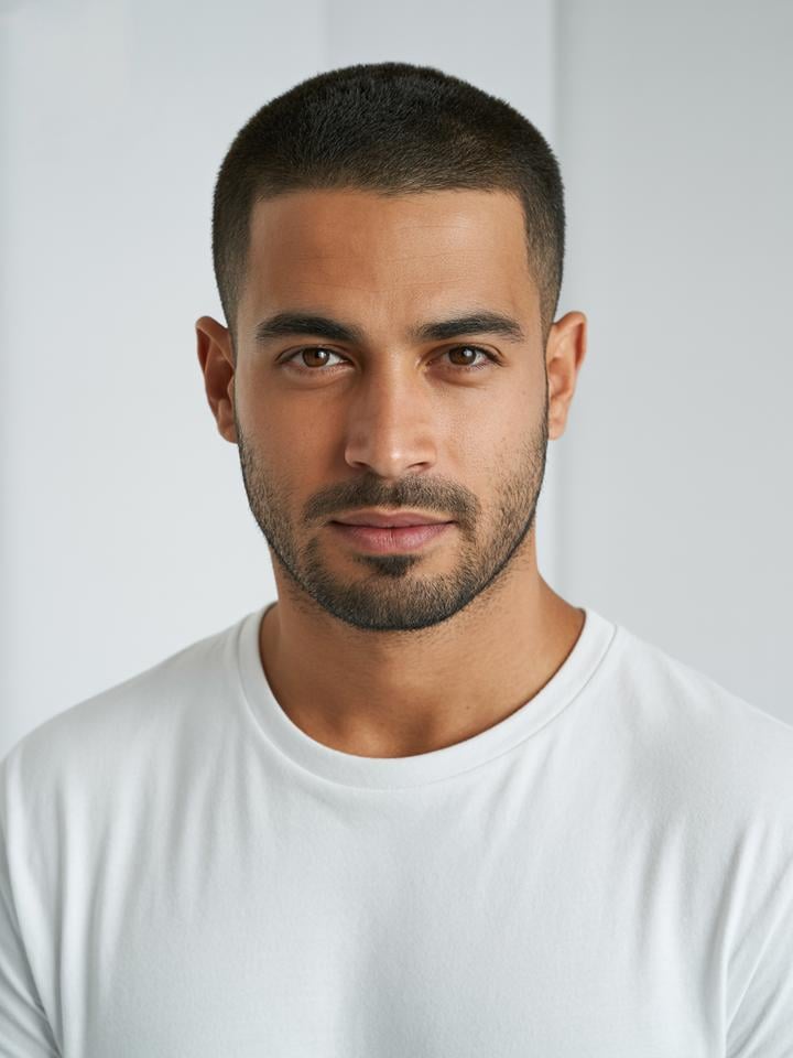 Karim — AI fashion model: Buzz cut, stubble, strong jawline